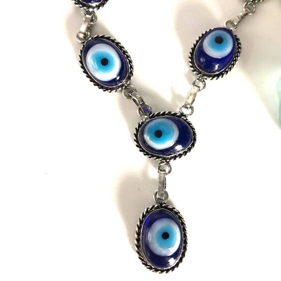 Blue Evil Eye Mati Handmade Glass Beads Necklace 21" - Picture 1 of 6